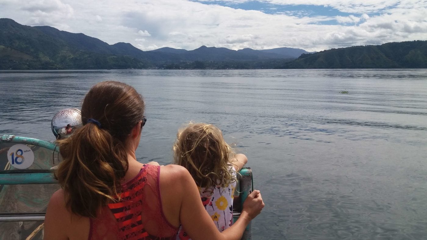 Elly and Ayla on the boat ride from Tuk Tuk to Parapat in Sumatra, Indonesia.