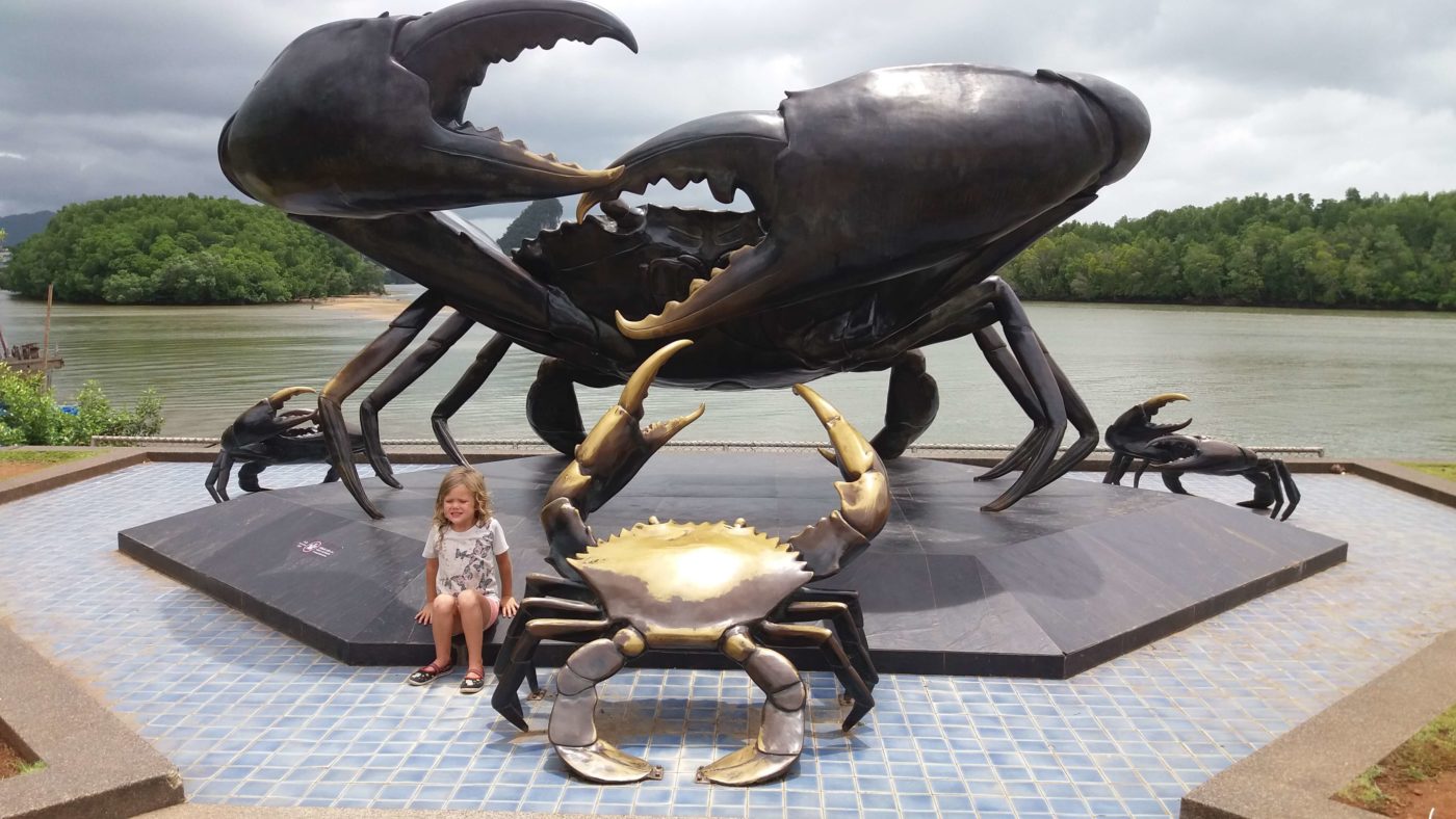 Little Miss & shellfish statues, Krabi Town, Thailand