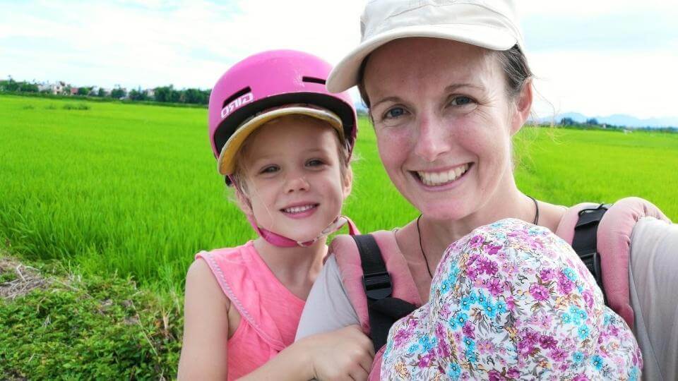 Things to do in Hoi An with kids-biking the ricefields-Elly, Ayla, Romy