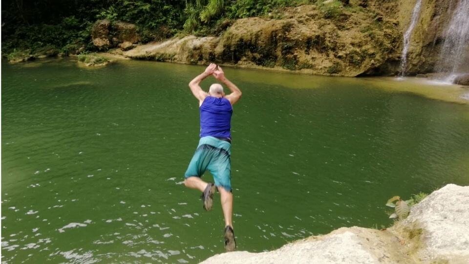 Things to do in Bohol with kids-Camugao falls-Colin jumping into water