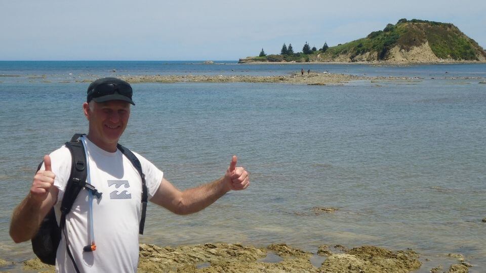 Things to do in Gisborne-walk to Sponge Bay Island-Colin thumbs up after walk