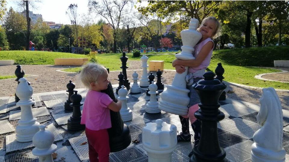 Things to do in Tirana-Rinia Park-giant chess set-Romy and Ayla