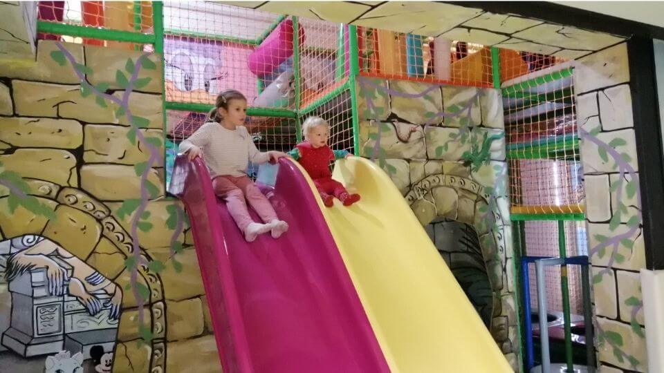 Things to do in Belgrade-Rajiceva Indoor Playground-Ayla and Romy at top of slides