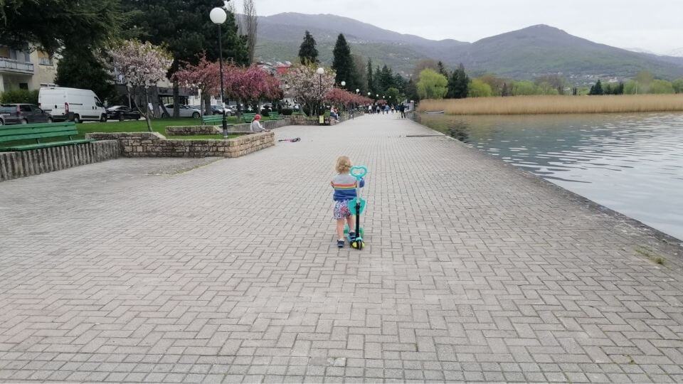 Ohrid Town Lakefront Promenade-Romy riding scooter