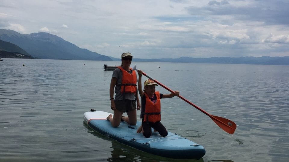 Things to do in Ohrid-stand up paddle boarding on Ohrid lake-Elly and Ayla