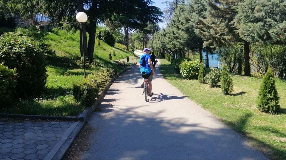 Venturing further along Ohrid town lakefront promenade-Colin cycling