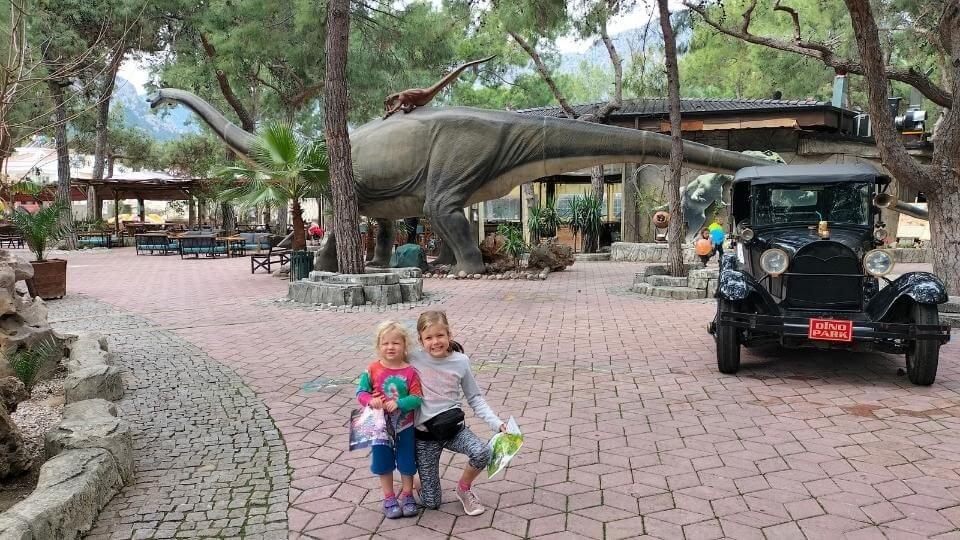 The girls at the entrance of Dino park-one of the things to do in Antalya with kids