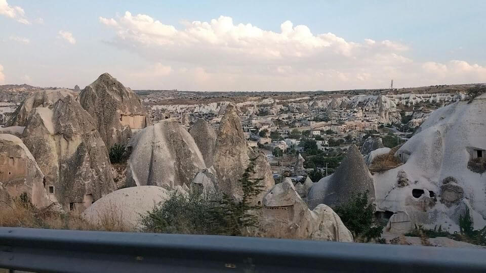 First views through the car window of the interesting rock formations that adorn Cappadocia in Turkey