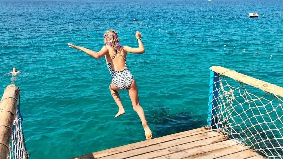 Things to do in Kas-jump off a waterfront platform into the crystal clear water-Ayla jumping