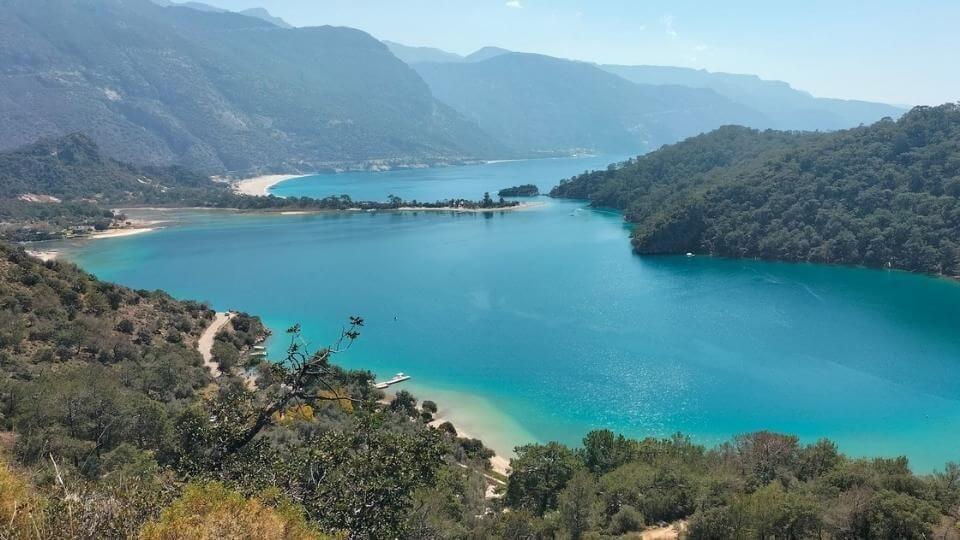 View of Oludeniz and the blue lagoon from the hilltop on the Kayakoy to Oludeniz hike