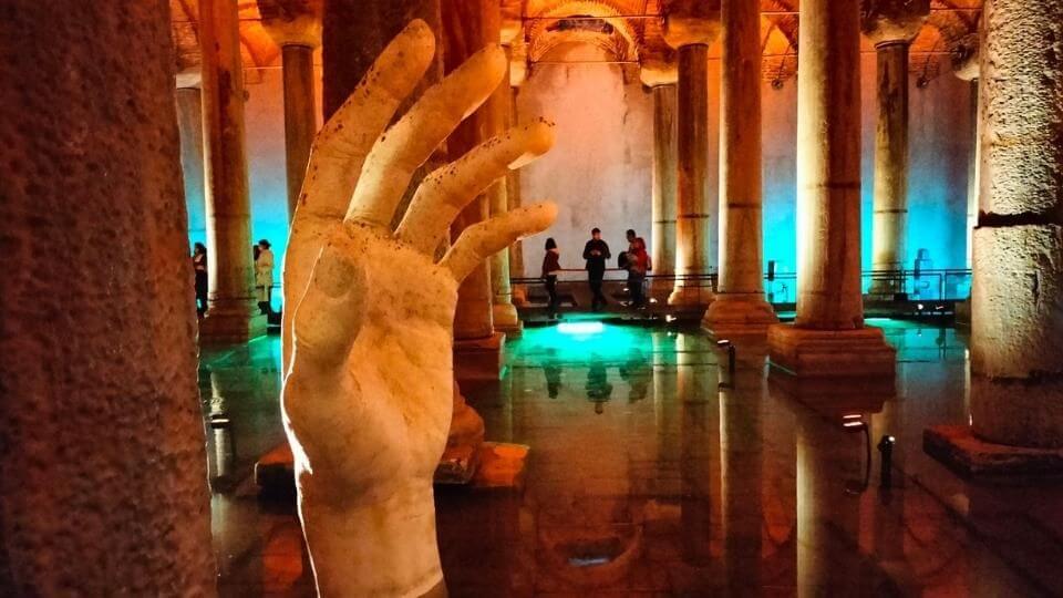 A giant hand, one of the artworks in the Basilica Cistern in Istanbul