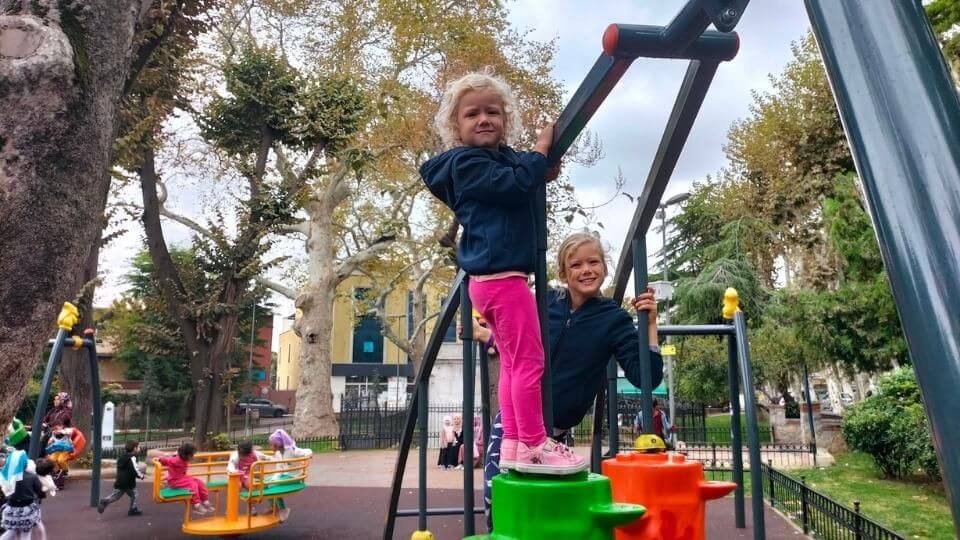 Ayla and Romy playing in an Instanbul playground