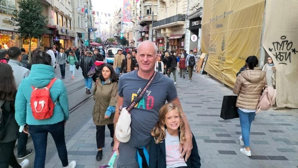 Colin and Ayla in Istikal street, a busy shopping street in Istanbul