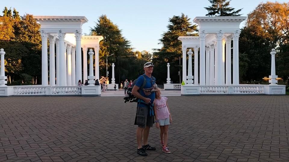 Colin and Ayla standing in front of the Colonades on the Batumi seafront in Georgia.