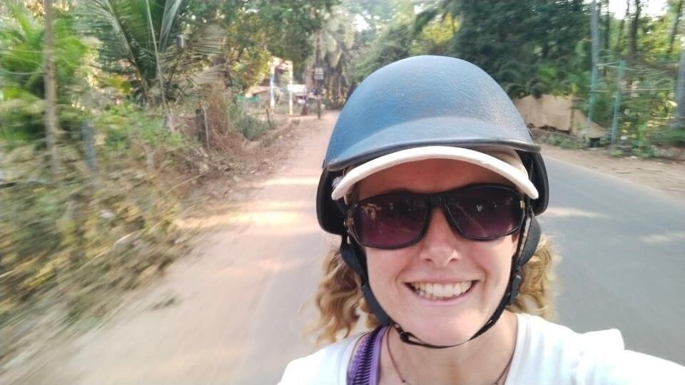 Elly on the back of a scooter during a day out exploring North Goa-1