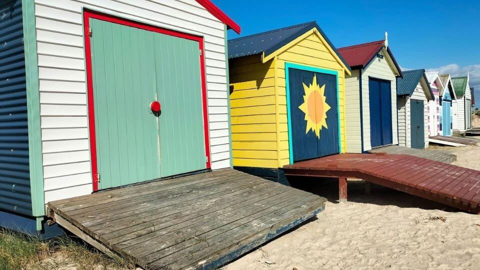 Aspendale and Edithvale beaches in Melbourne are fantastic spots to check out the brightly coloured bathing boxes lining the shore