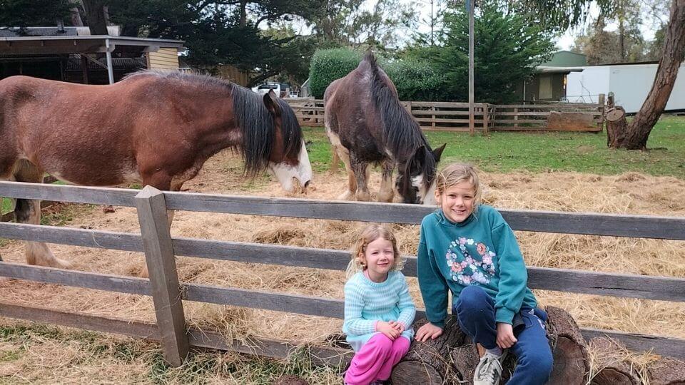 Ayla and Romy stop for a photo with the Clydesdale horses on Churchill Island, a farm connected to Phillip Island near Melbourne.