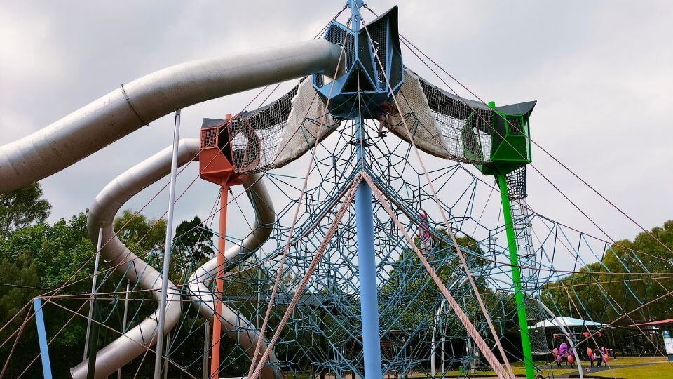 The Water Education Park in Hervey Bay has huge climbing nets and slides and plenty of other play equipment.