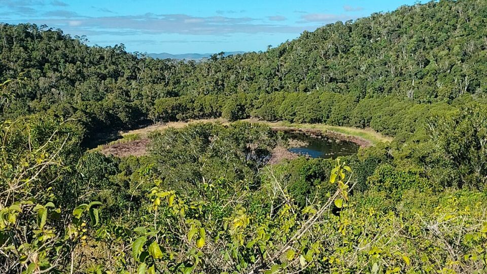 A view from the lookout, looking down at an ancient crater lake in Coalstoun Lakes National Park.