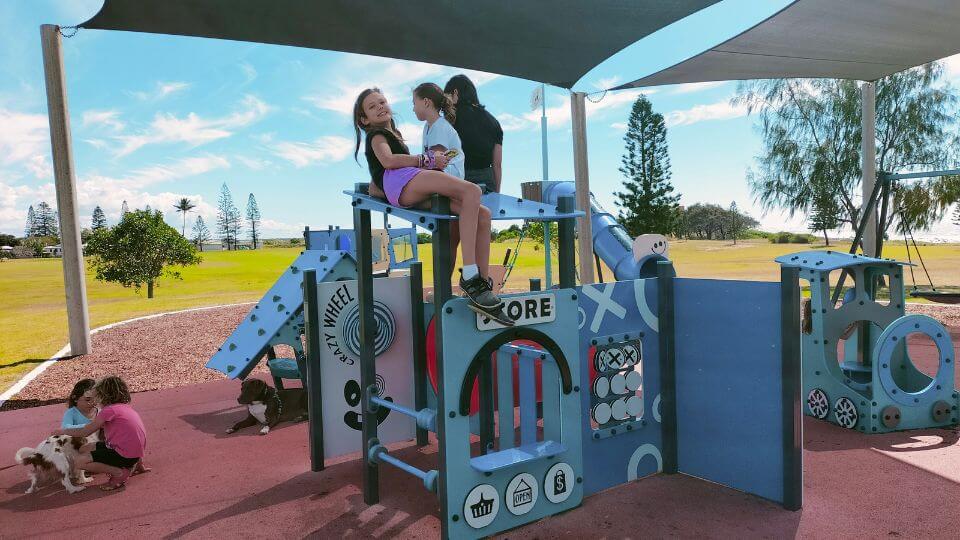 Ayla, Romy, and friends at the South Head Park Playground at Burnett Heads, one of the fun things to do in Bundaberg with kids.