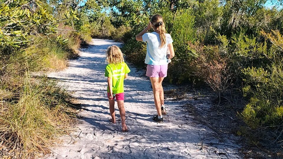 Romy and Ayla walking the Banksia Track, an easy, 5.4km loop trail that is part of the beautiful Burrum Coast National Park in Central Queensland.