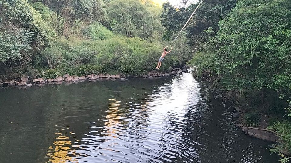A person about to drop from a rope swing into the water at Gardners falls in Maleny, a gorgeous Sunshine Hinterland town.