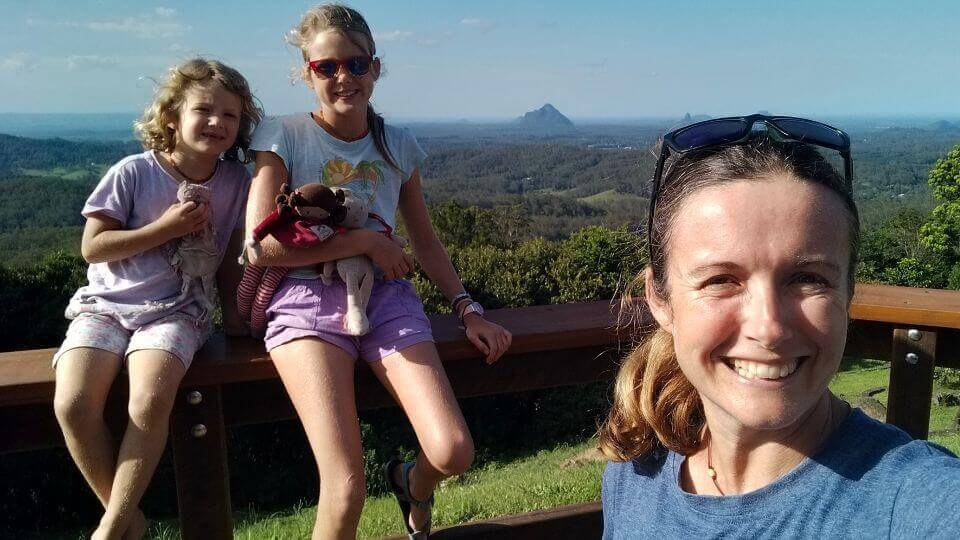 Romy, Ayla, and Elly at McCarthy's Lookout, a spectacular viewpoint near Maleny offering stunning views of the Glasshouse Mountains.