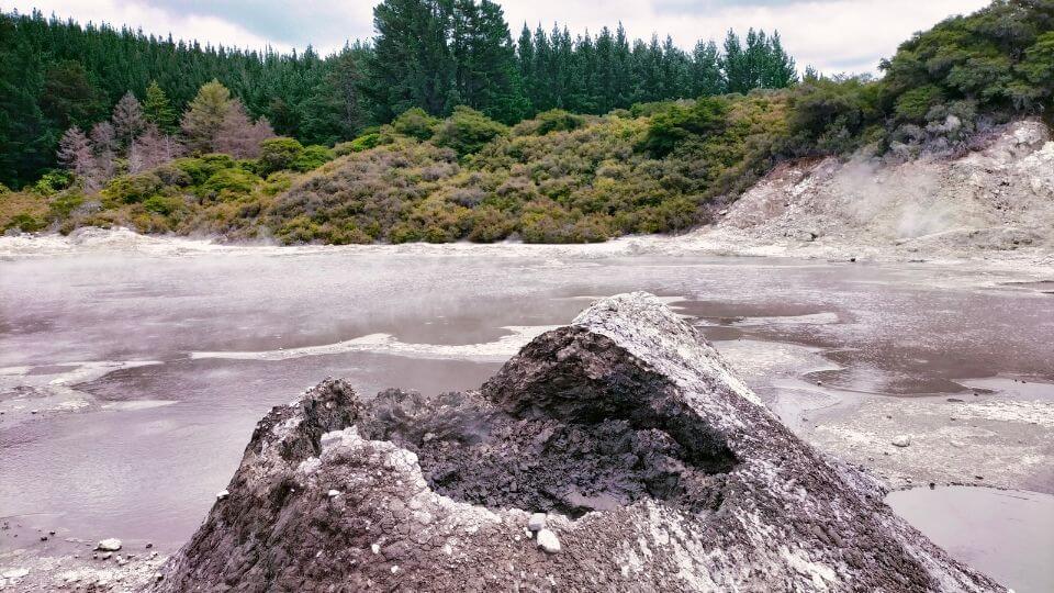 A mud volcano with the geothermal and forested landscapes beyond at Hell's Gate Geothermal Reserve.