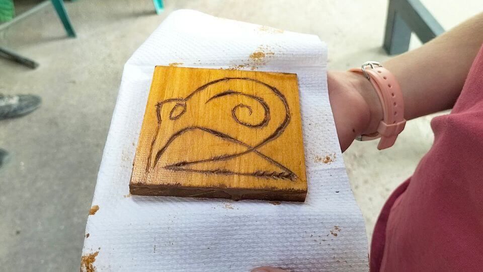 Ayla's completed kiwi carving at Hell's Gate in Rotorua.