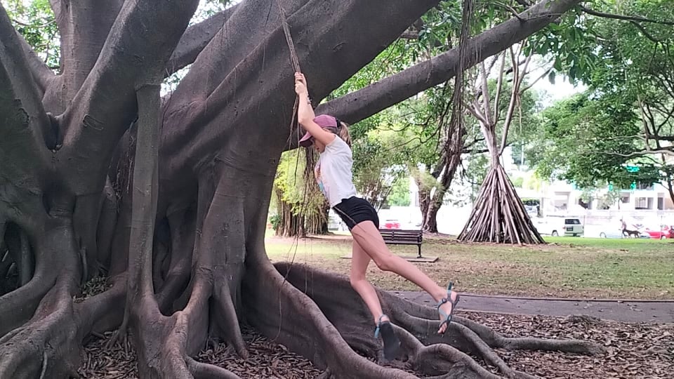 Ayla swings on a vine at Queens Gardens in Townsville.
