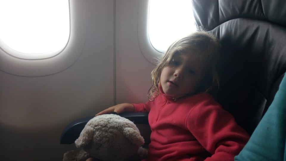 Ayla with her teddy bear on a plane.
