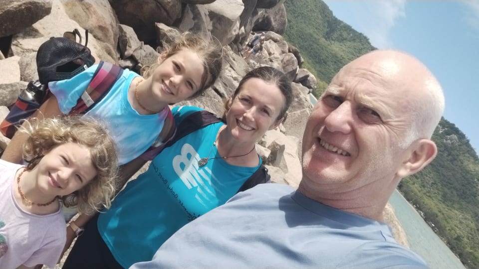 Romy, Ayla, Elly, and Colin stop for a selfie when exploring the area around Wallaby Rock on Magnetic Island.