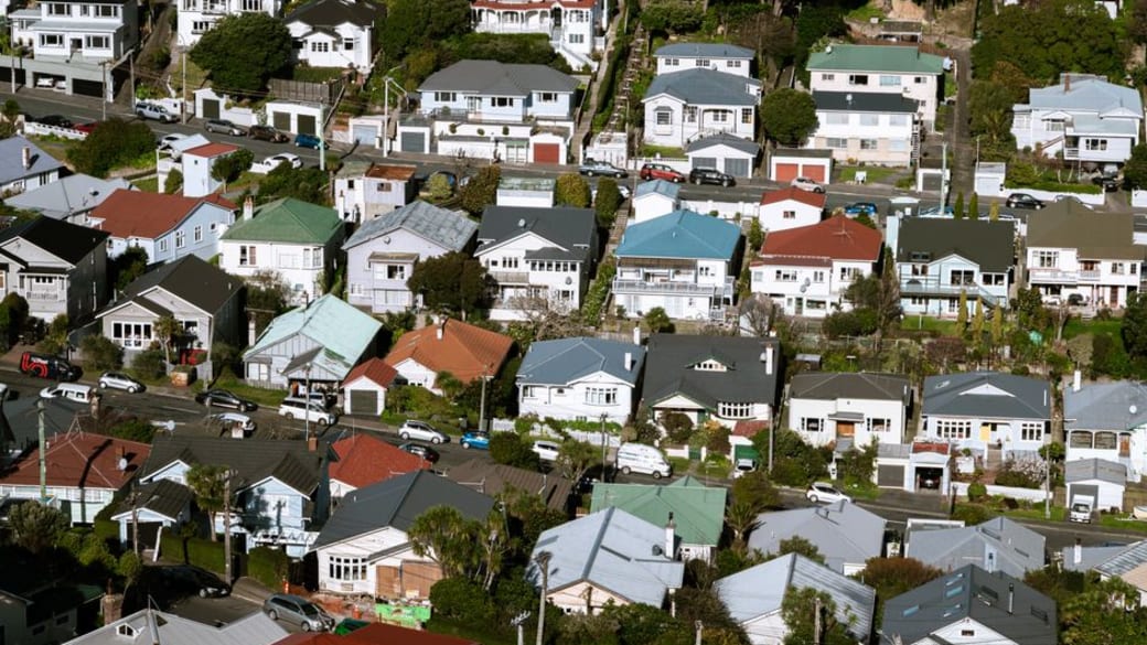 Street-level view highlighting colorful suburban homes in Wellington, New Zealand.
