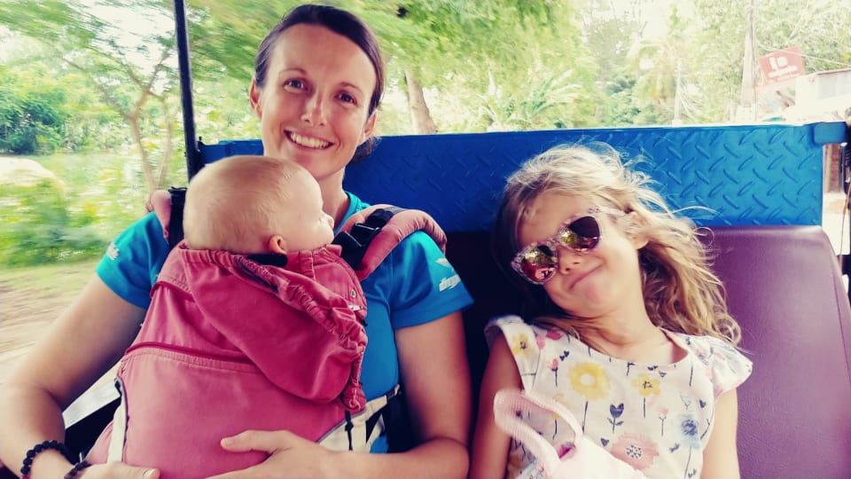 Elly, Ayla, and Romy in a tuk-tuk in Siem reap, Cambodia.