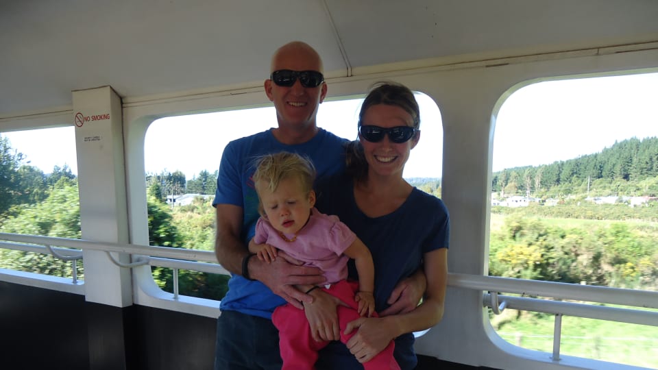 Elly, Colin and Ayla on the Trans Alpine Scenic Railway between Christchurch and Greymouth.