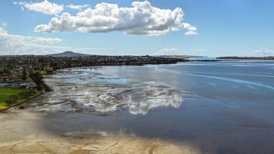Discover Auckland’s coastline, capturing breathtaking views of Rangitoto Island and tranquil waters mirroring the sky.