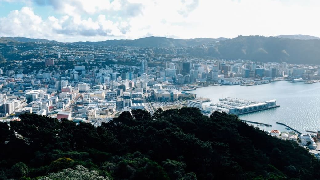 Breathtaking panoramic shot of Wellington’s cityscape and harbor under a bright sky with scattered clouds.