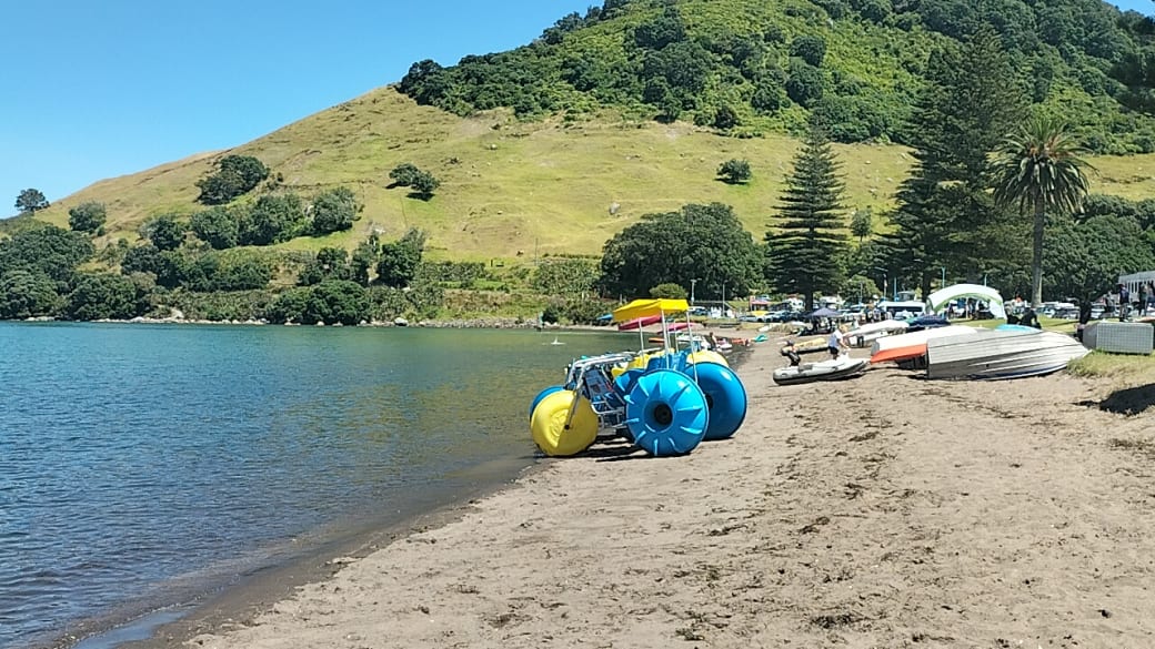 A pedal boat and other small boats on the waterfront next to the calm waters of Pilot Bay in Mount Maunganui on a stunning blue sky day.