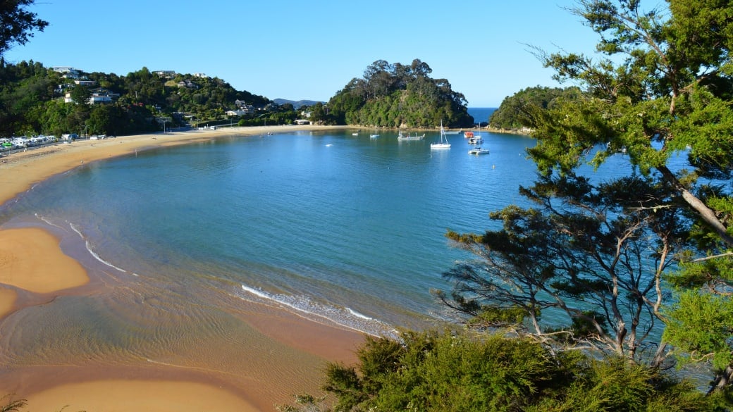 A breathtaking overhead view of Kaiteriteri beach on the Tasman Coast near Nelson.