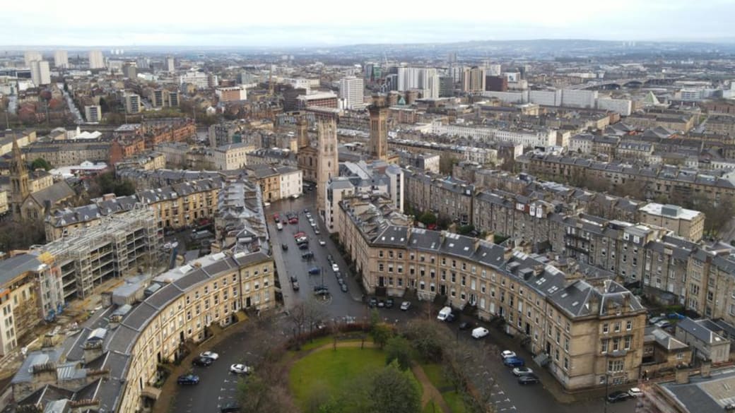 Aerial view of Glasgow cityscape highlighting its unique architecture