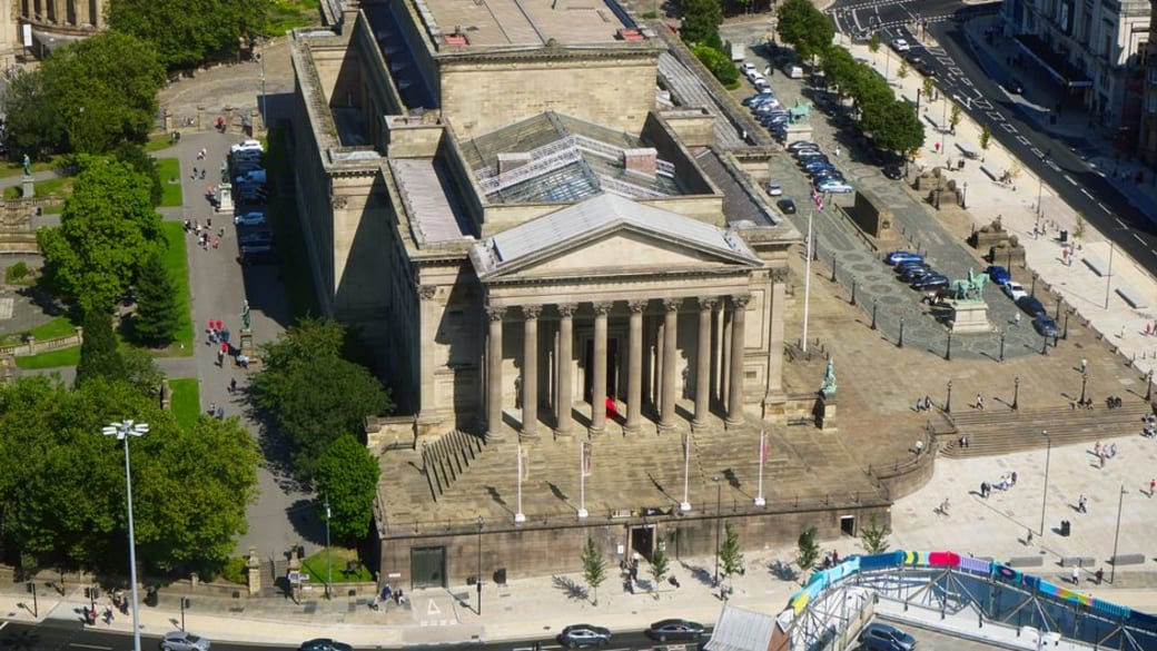 Aerial shot of St George's Hall in Liverpool, showcasing iconic architecture on a sunny day.