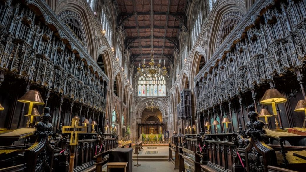 Detailed Gothic architecture inside Manchester Cathedral