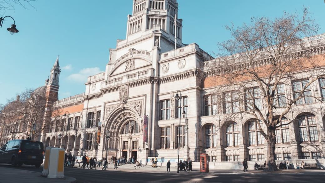 Victoria and Albert Museum under clear skies in London, England.
