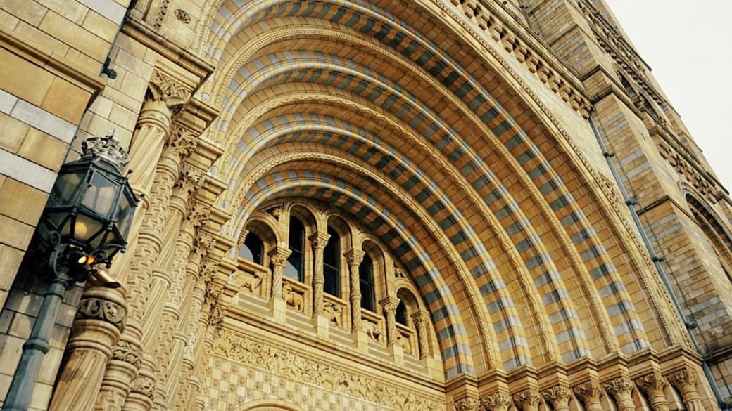 Intricate facade of the Natural History Museum in London showcasing arched windows and detailed stonework.