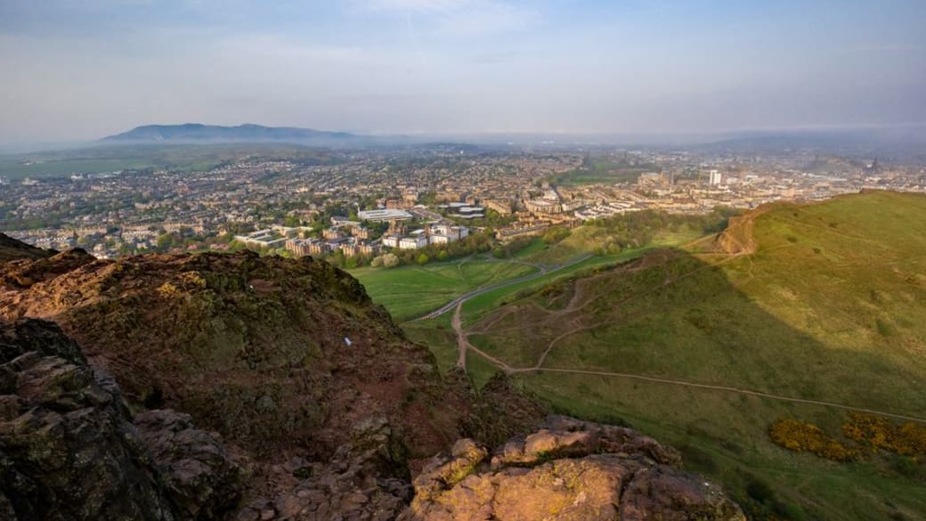 Aerial view of Edinburgh, Scotland from Arthur's Seat on a clear day.