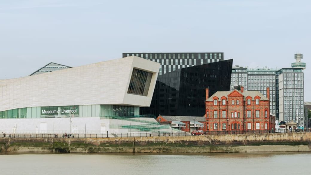 View of the Museum of Liverpool and surrounding modern architecture from the riverfront.