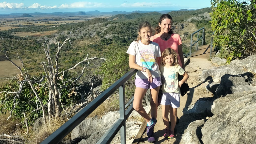 Ayla, Elly, and Romy at the top of the Mount Etna Caves trail, not far from Rockhampton or Yeppoon.